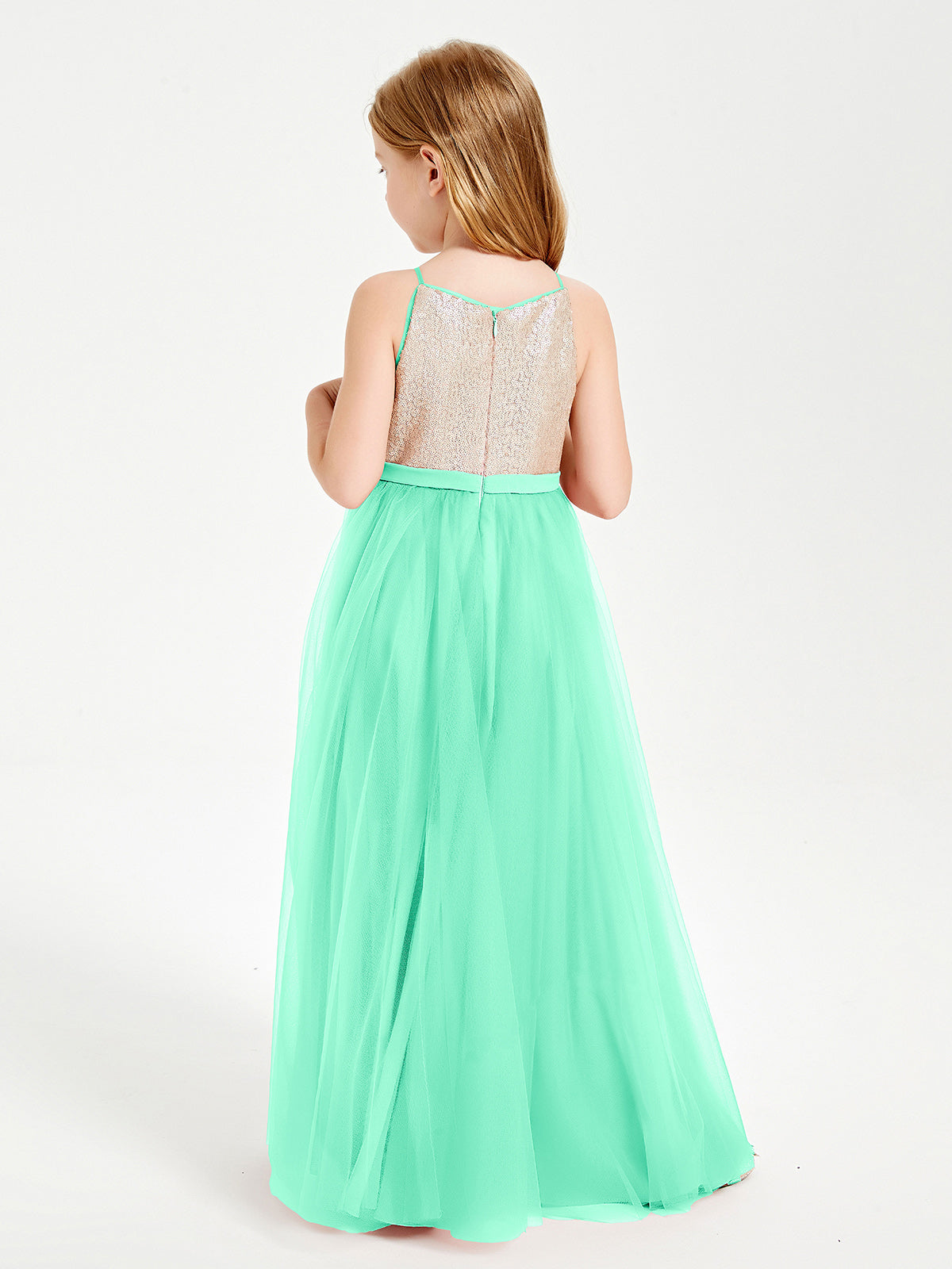 Sequined Top Long Tulle Junior Bridesmaid Gown Turquoise